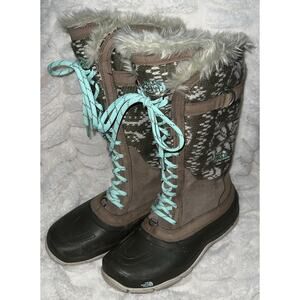 North Face Women Wool Knit‎ + Leather Snow Outdoor Tall Boots Multicolor Brown 7